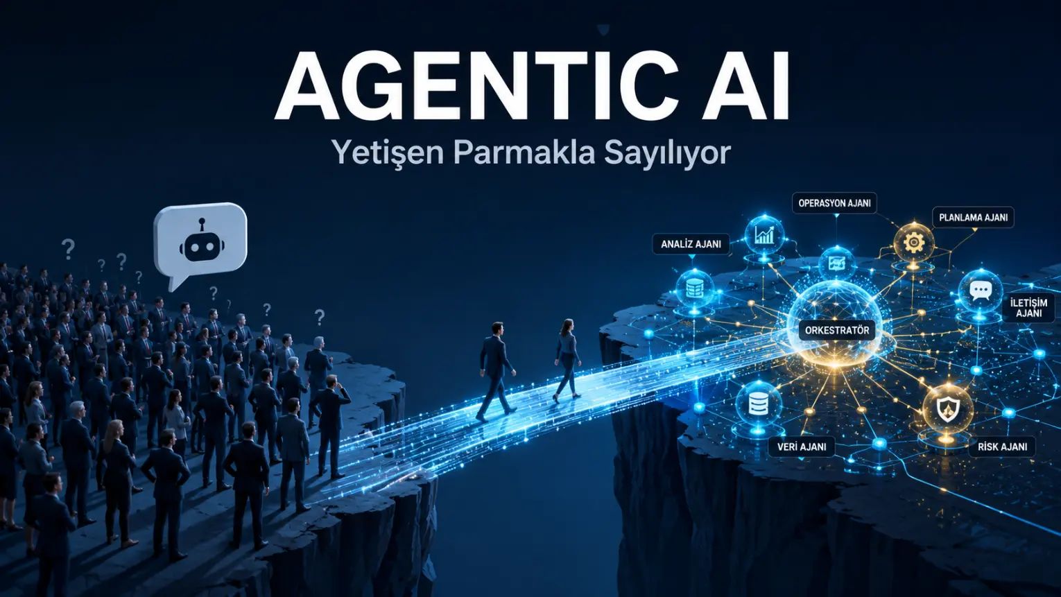 Agentic AI ve otonom yapay zeka sistemlerinin kurumsal dünyada ölçeklenmesi ve adaptasyon zorluklarını anlatan illüstrasyon