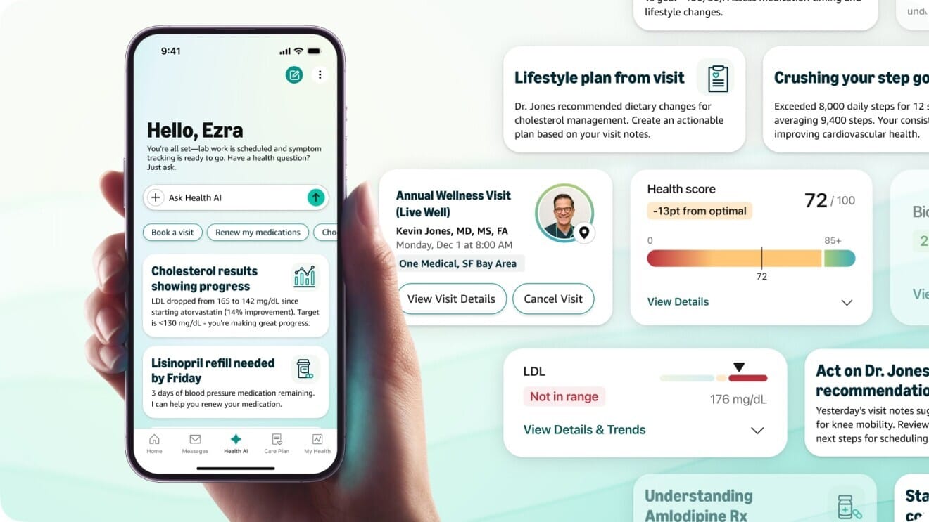 Elde tutulan bir telefonda One Medical uygulamasının "Ask Health AI" ekranı; yanında randevu, sağlık skoru, LDL kolesterol değeri ve yaşam tarzı planı kartlarından oluşan tanıtım kolajı