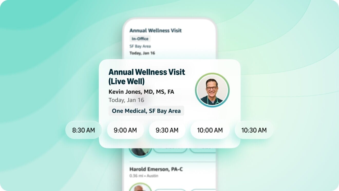 One Medical uygulamasında “Annual Wellness Visit (Live Well)” randevu kartı; doktor fotoğrafı, SF Bay Area kliniği ve 8:30 ile 10:30 arasında seçilebilir randevu saatleri