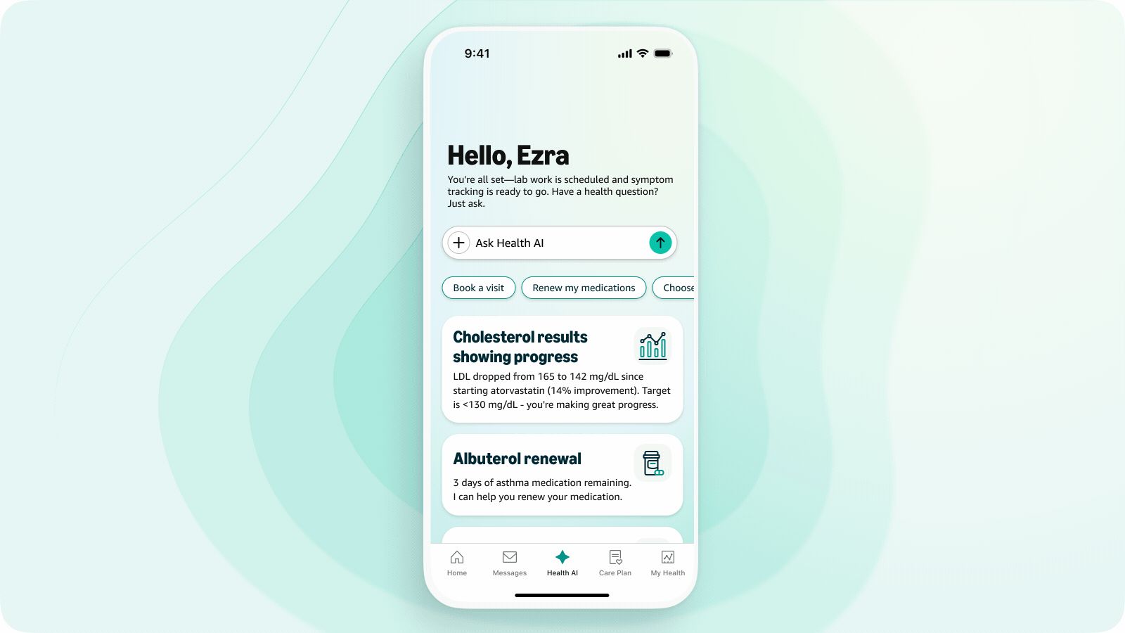 One Medical uygulamasının Health AI ana ekranı: “Ask Health AI” soru kutusu, randevu ve ilaç yenileme kısayolları, kolesterol sonucundaki ilerlemeyi ve astım ilacı yenileme hatırlatmasını gösteren kartlar