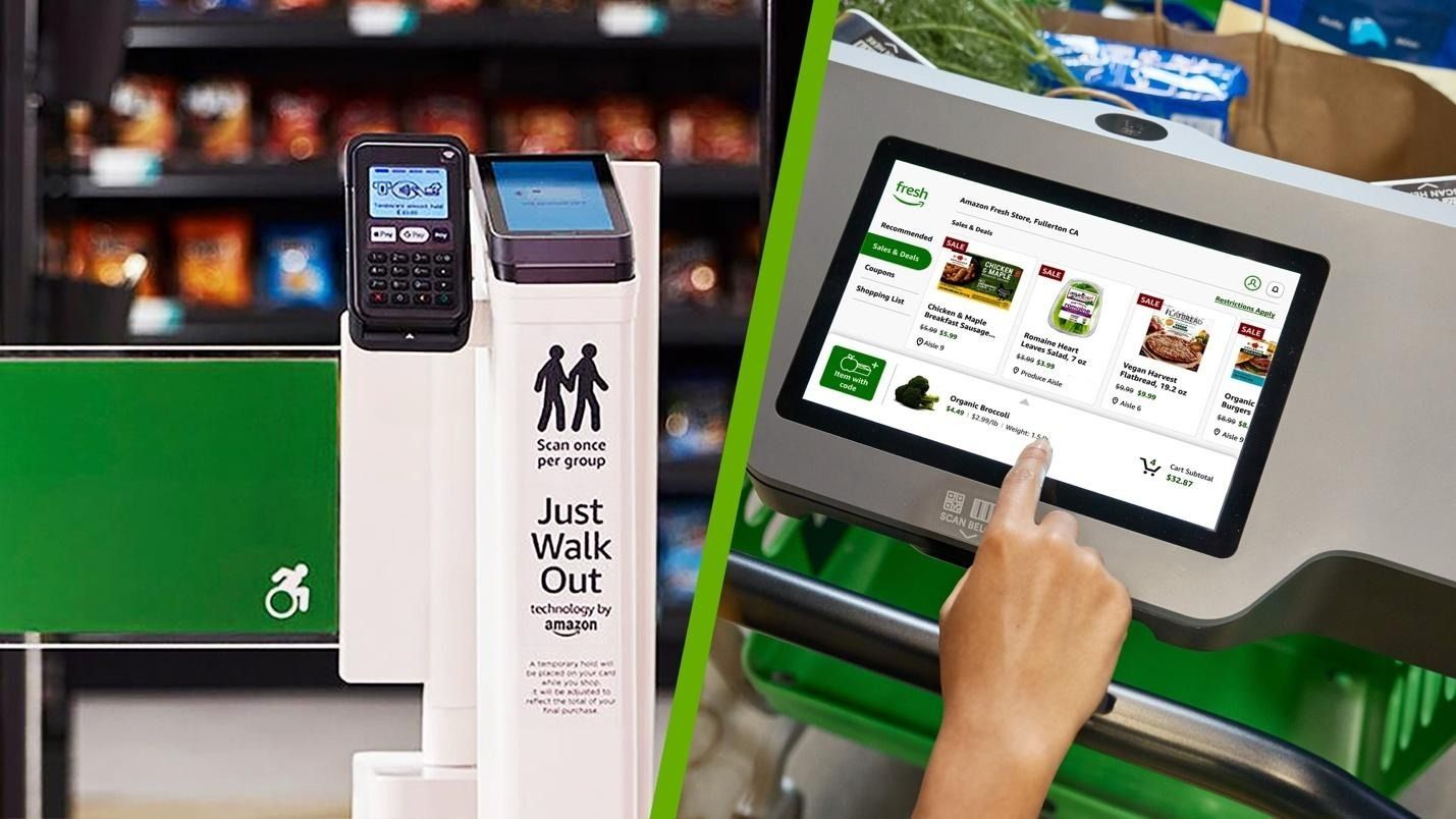 Solda “Just Walk Out technology by Amazon” yazılı mağaza giriş bariyeri ve ödeme terminali, sağda bir Amazon Fresh alışveriş arabasının indirimli ürünleri ve sepet tutarını gösteren dokunmatik ekranına dokunan bir el.