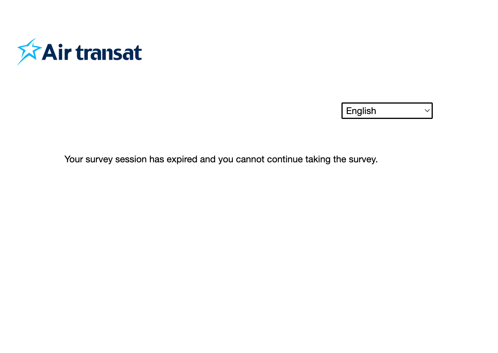 Air Transat anket sayfasında “Your survey session has expired and you cannot continue taking the survey” uyarısı; alternatif geri bildirim kanalı sunulmayan boş ekran.