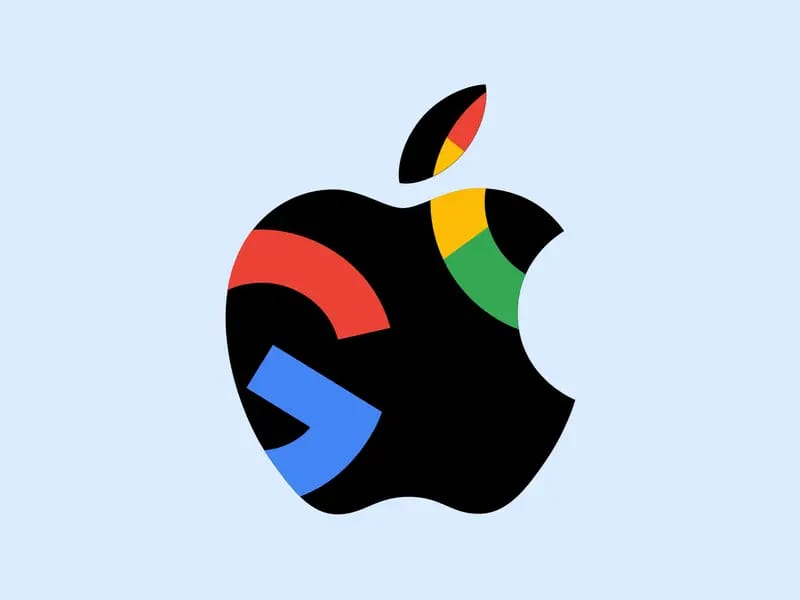 Açık mavi zemin üzerinde, içine Google'ın kırmızı, sarı, yeşil ve mavi renkli "G" harfi yerleştirilmiş siyah Apple logosu.