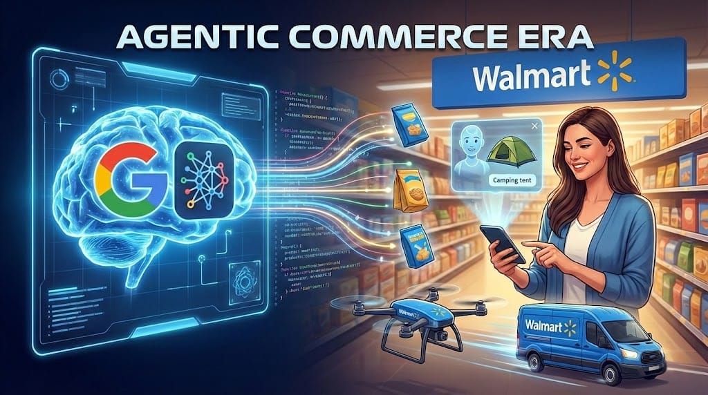 Üstünde “Agentic Commerce Era” yazan çizimde solda Google logolu parlayan dijital bir beyin, sağda Walmart mağazasında telefonundan kamp çadırı önerisine bakan gülümseyen bir kadın; önde Walmart logolu bir dron ve teslimat minibüsü.