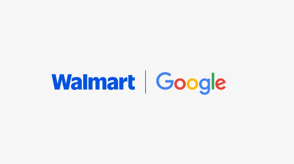 Açık gri zemin üzerinde ince dikey bir çizgiyle ayrılmış Walmart ve Google logoları.