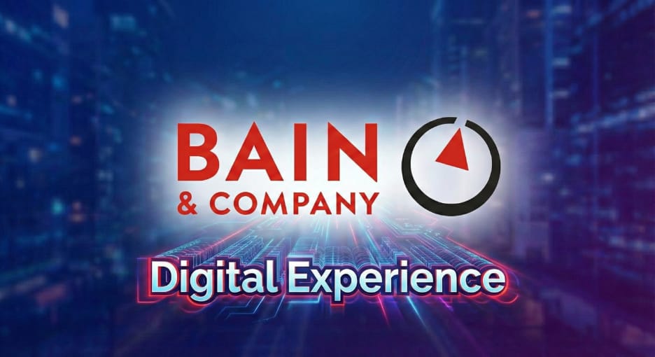 Mavi tonlu, dijital veri akışlarını andıran bulanık bir arka plan önünde kırmızı Bain & Company logosu ve altında parlayan "Digital Experience" yazısı.