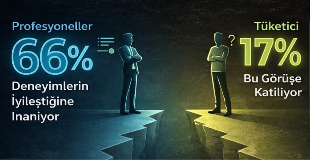 Bir uçurumun iki yakasında duran iki figür: solda profesyonellerin %66’sının deneyimlerin iyileştiğine inandığını, sağda tüketicilerin yalnızca %17’sinin bu görüşe katıldığını gösteren infografik.