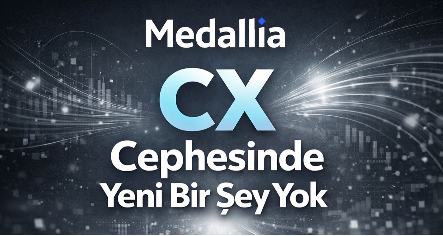 Koyu, ışık çizgili dijital bir arka plan üzerinde Medallia logosu ve büyük harflerle "CX Cephesinde Yeni Bir Şey Yok" yazısı.