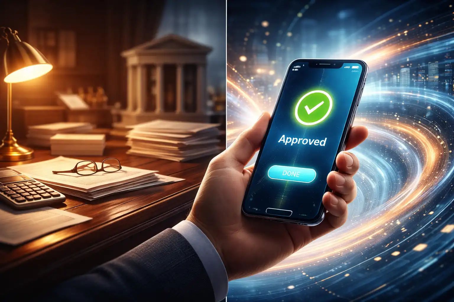 İkiye bölünmüş görsel: solda loş bir masada evrak yığınları, hesap makinesi ve gözlükle eski usul banka şubesi; sağda ekranında yeşil onay işareti ve "Approved" yazan akıllı telefonu tutan bir el ve hızı simgeleyen ışık izleri.