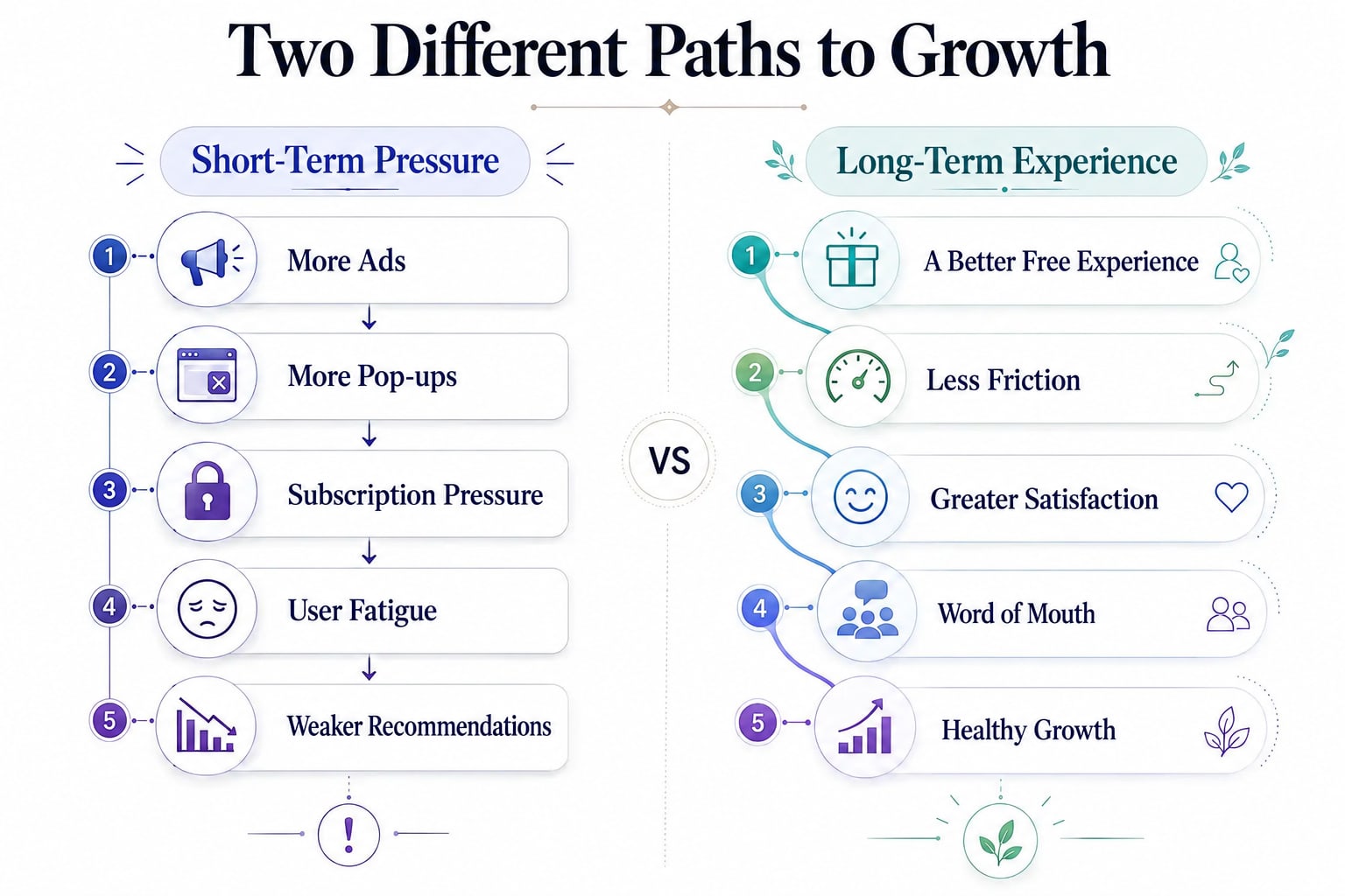 “Two Different Paths to Growth” diagram: on the left, short-term pressure (more ads, more pop-ups, subscription pressure, user fatigue, weaker recommendations); on the right, long-term experience (a better free experience, less friction, greater satisfaction, word of mouth, healthy growth)