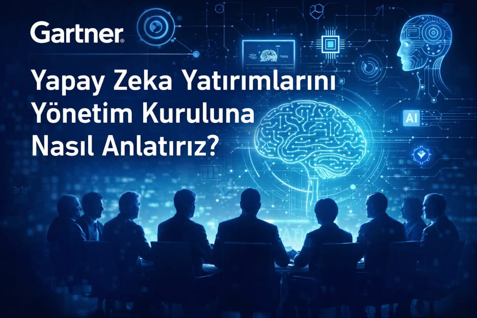 Mavi dijital arka planda parlayan beyin ve yapay zekâ simgelerinin önünde toplantı masasında oturan yöneticilerin silüetleri; Gartner logosu ve "Yapay Zeka Yatırımlarını Yönetim Kuruluna Nasıl Anlatırız?" yazısı.
