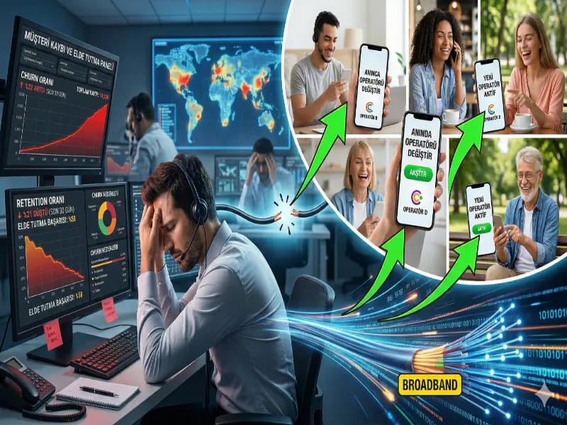Solda artan churn ve düşen elde tutma grafiklerini gösteren ekranların önünde başını ellerinin arasına almış kulaklıklı bir çağrı merkezi çalışanı; sağda telefonlarında "Anında operatörü değiştir" ve "Yeni operatör aktif" ekranlarını gören gülümseyen aboneler; altta "Broadband" etiketli fiber kablolar.