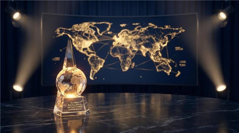 Spot ışıkları altında, mermer bir masanın üzerinde "Global Excellence in Customer Experience" yazılı kristal küre ödül; arka planda ışıklı bir dünya haritası.