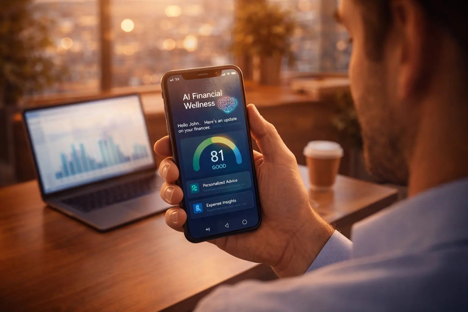 Elindeki akıllı telefonda “AI Financial Wellness” adlı bir uygulamanın 81 puanlık finansal durum göstergesine bakan bir kişi; arka planda grafik açık bir dizüstü bilgisayar ve karton kahve bardağı