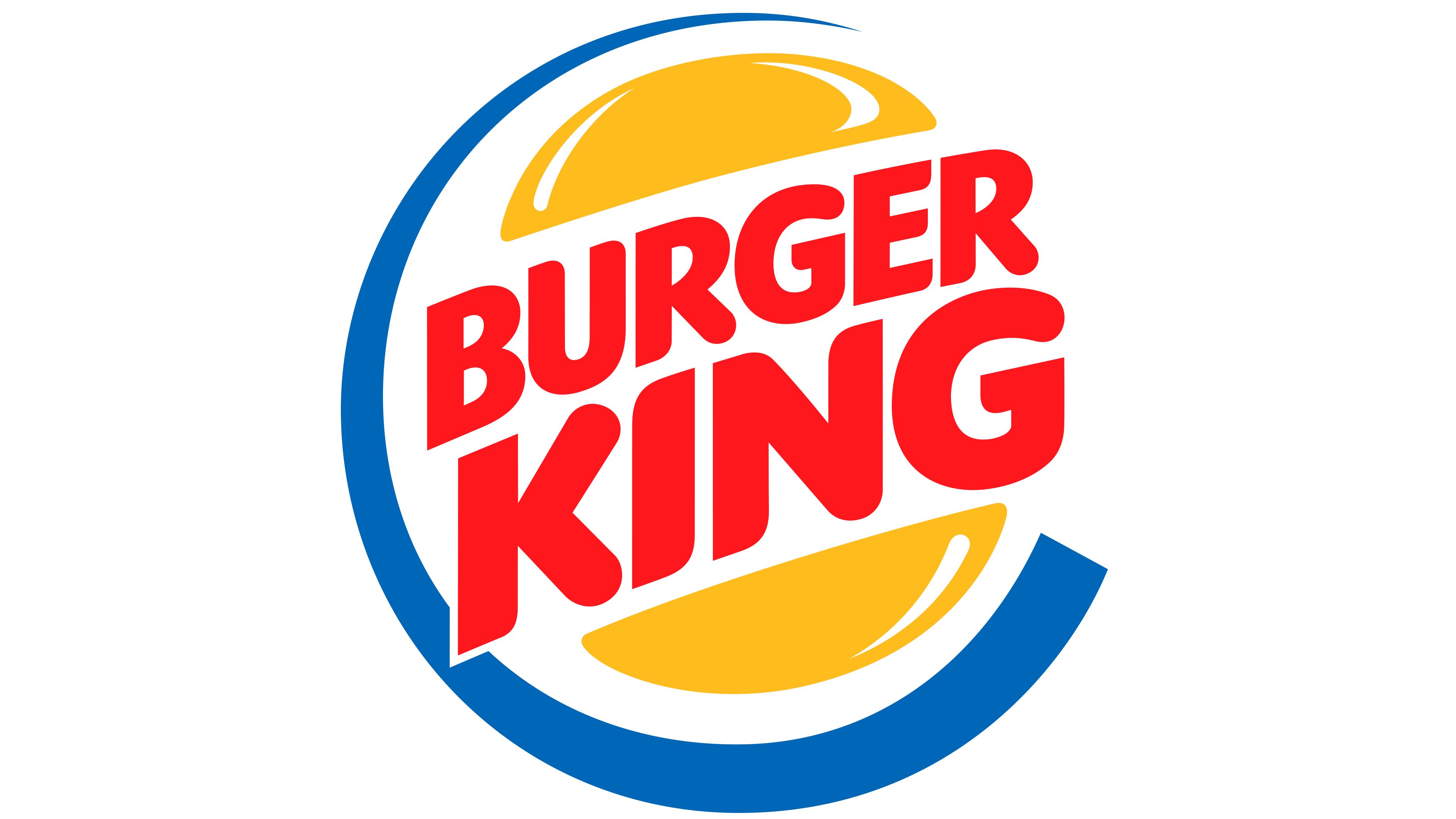 Beyaz zemin üzerinde mavi kavisle çevrili, iki sarı ekmek arasında kırmızı "BURGER KING" yazılı klasik Burger King logosu.
