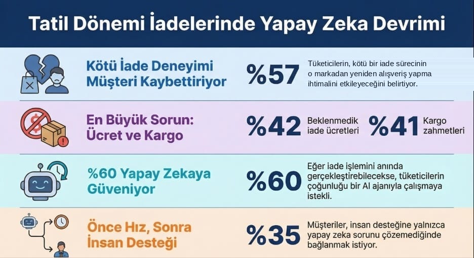 “Tatil Dönemi İadelerinde Yapay Zeka Devrimi” başlıklı dört satırlı infografik: kötü iade deneyiminin müşteri kaybettirmesi (%57), beklenmedik iade ücretleri (%42) ve kargo zahmetleri (%41), anında iade için yapay zekâ ajanına güven (%60) ve insan desteğini yalnızca yapay zekâ çözemediğinde isteme (%35)