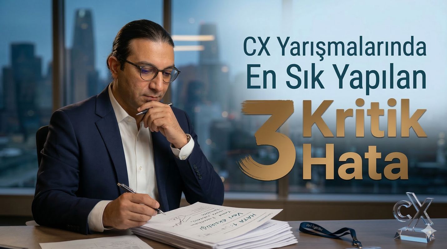 Şehir manzaralı bir ofiste gözlüklü, takım elbiseli bir adam masadaki başvuru dosyalarını düşünceli biçimde inceliyor; yanında cam bir "CX" ödülü ve "CX Yarışmalarında En Sık Yapılan 3 Kritik Hata" başlığı.
