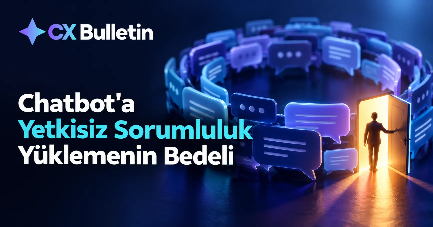Sohbet balonlarından oluşan sonsuz bir döngünün kenarında, sıcak ışıklı bir kapıda duran insan silüeti; chatbot döngüsünden insana açılan çıkış yolunu anlatan kapak görseli