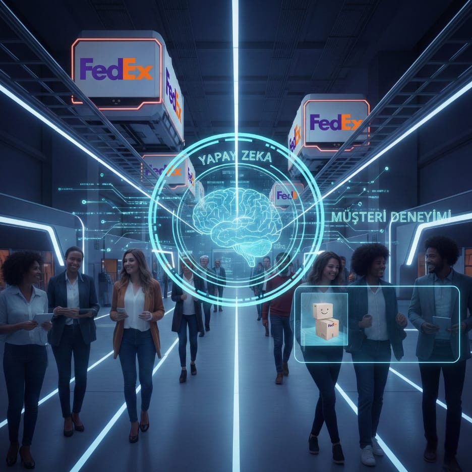 Tavandan FedEx logolu kutuların sarktığı, neon çizgili fütüristik bir depo koridorunda gülümseyerek yürüyen insanlar; ortada "Yapay Zeka" yazılı halka içinde parlayan bir beyin, sağda "Müşteri Deneyimi" yazısı ve gülen yüzlü kargo kutuları gösteren yüzen bir ekran.