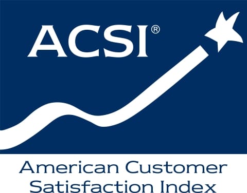 American Customer Satisfaction Index (ACSI) logosu: lacivert zemin üzerinde beyaz ACSI yazısı ve yukarı doğru kıvrılarak yıldızla biten beyaz bir çizgi