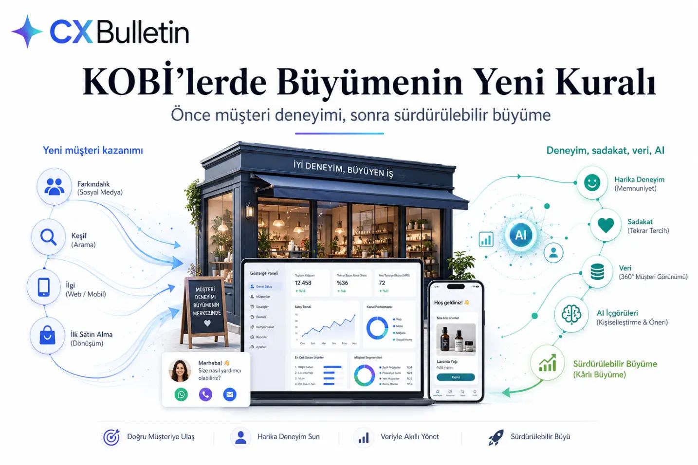 "KOBİ’lerde Büyümenin Yeni Kuralı" başlıklı kapak: ortada "İyi deneyim, büyüyen iş" yazılı bir dükkân vitrini ve gösterge paneli; solda farkındalıktan ilk satın almaya uzanan yeni müşteri kazanımı adımları, sağda deneyim, sadakat, veri, AI içgörüleri ve sürdürülebilir büyüme adımları.