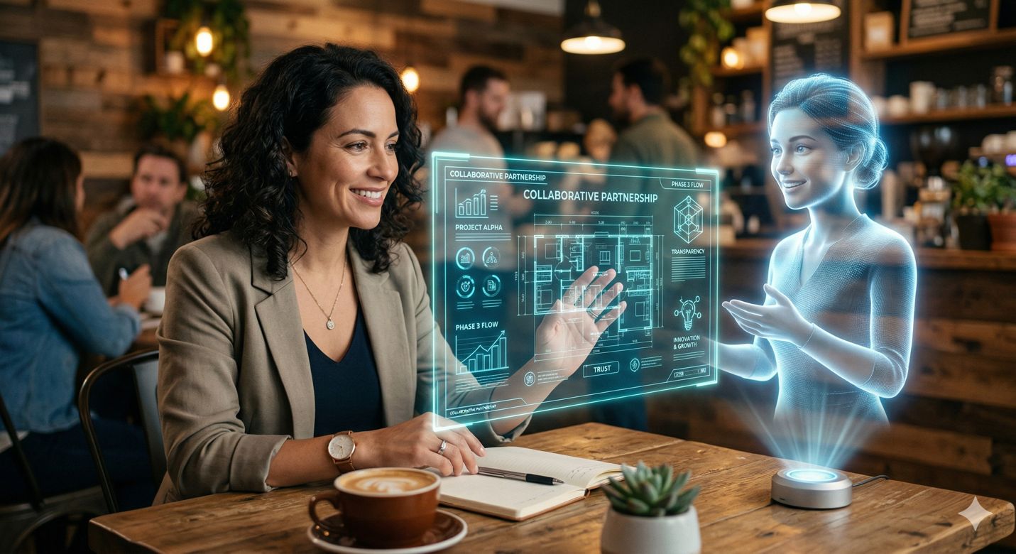 Kalabalık bir kafede gülümseyen bir kadın, masanın üzerindeki cihazdan yükselen hologram bir yapay zekâ asistanıyla "Collaborative Partnership" yazılı parlayan bir ekran paylaşıyor.