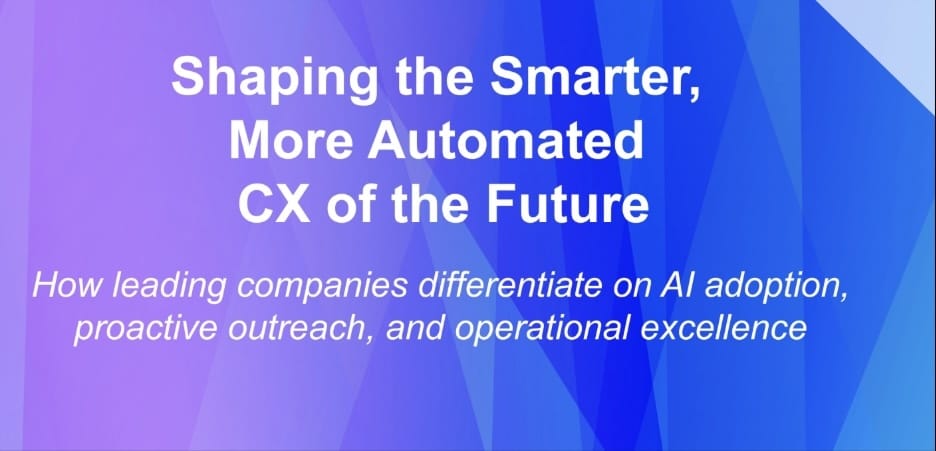 Mor-mavi geometrik zemin üzerinde Metrigy raporunun kapak başlığı "Shaping the Smarter, More Automated CX of the Future" ve alt başlığı