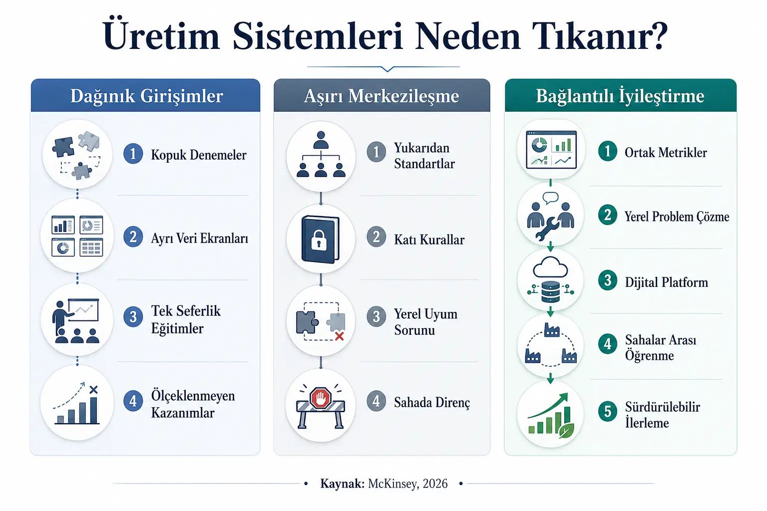 “Üretim Sistemleri Neden Tıkanır?” başlıklı üç sütunlu diyagram: “Dağınık Girişimler” sütununda kopuk denemeler, ayrı veri ekranları, tek seferlik eğitimler ve ölçeklenmeyen kazanımlar; “Aşırı Merkezileşme” sütununda yukarıdan standartlar, katı kurallar, yerel uyum sorunu ve sahada direnç; “Bağlantılı İyileştirme” sütununda ortak metrikler, yerel problem çözme, dijital platform, sahalar arası öğrenme ve sürdürülebilir ilerleme; dipte “Kaynak: McKinsey, 2026” notu.