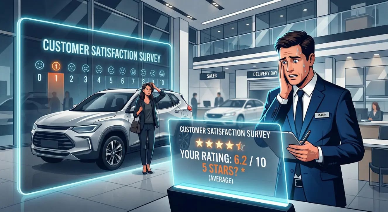 Otomobil bayisinde, 0-10 puan ölçekli ve "Your rating: 6.2 / 10" yazan müşteri memnuniyeti anketi ekranlarının karşısında elini yüzüne götüren endişeli bir satış danışmanı; arkada aracının yanında şaşkın bir müşteri.