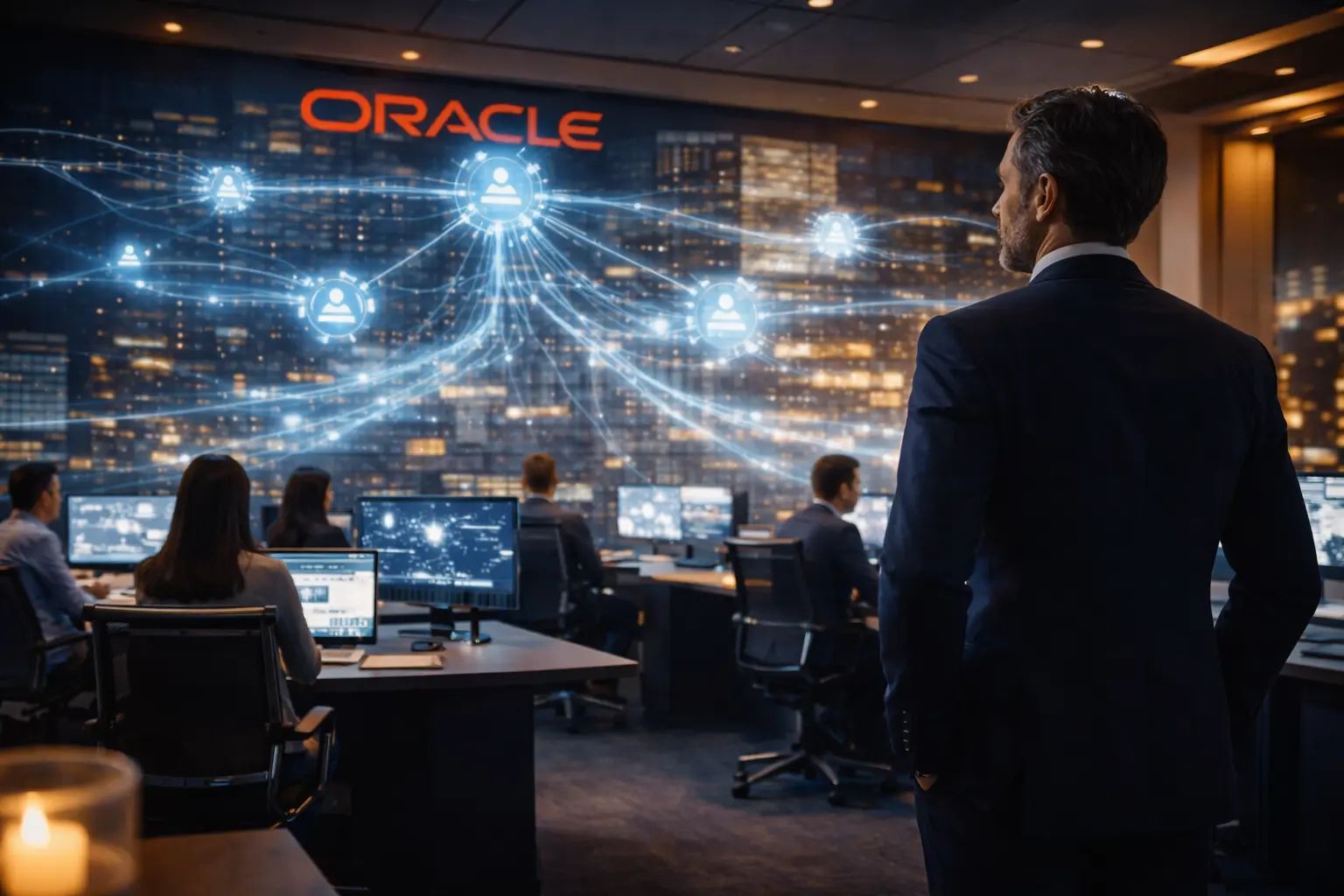 Gece şehir manzaralı bir operasyon ofisinde takım elbiseli bir adam, üzerinde kırmızı Oracle yazısı ve birbirine ışık hatlarıyla bağlanan kullanıcı simgeleri bulunan dev ekrana bakıyor; önde bilgisayar başında çalışanlar var.
