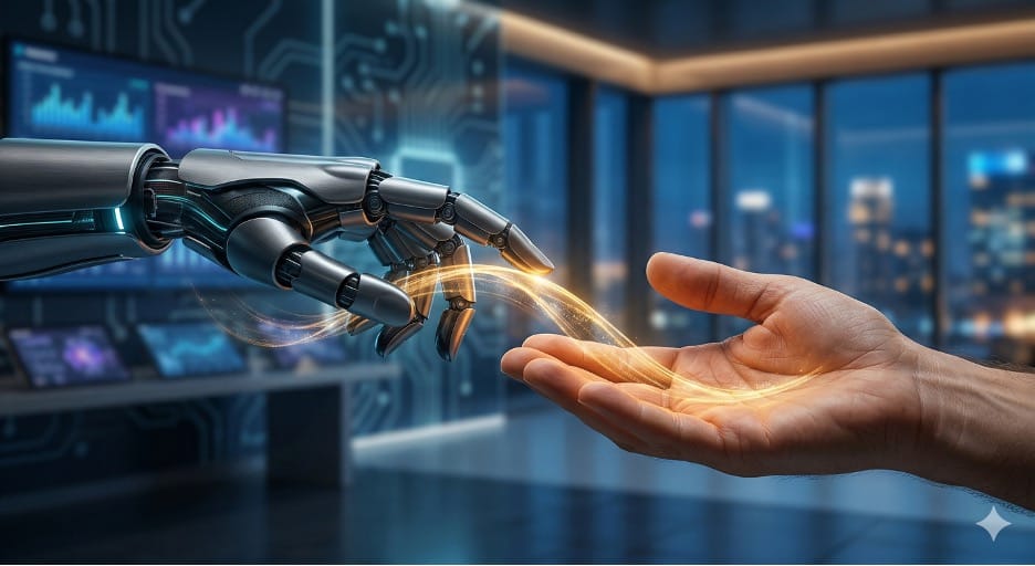Gece şehir manzaralı bir ofiste, metal bir robot elinin parmak uçlarından açık duran bir insan avucuna doğru akan altın renkli ışık şeridi.