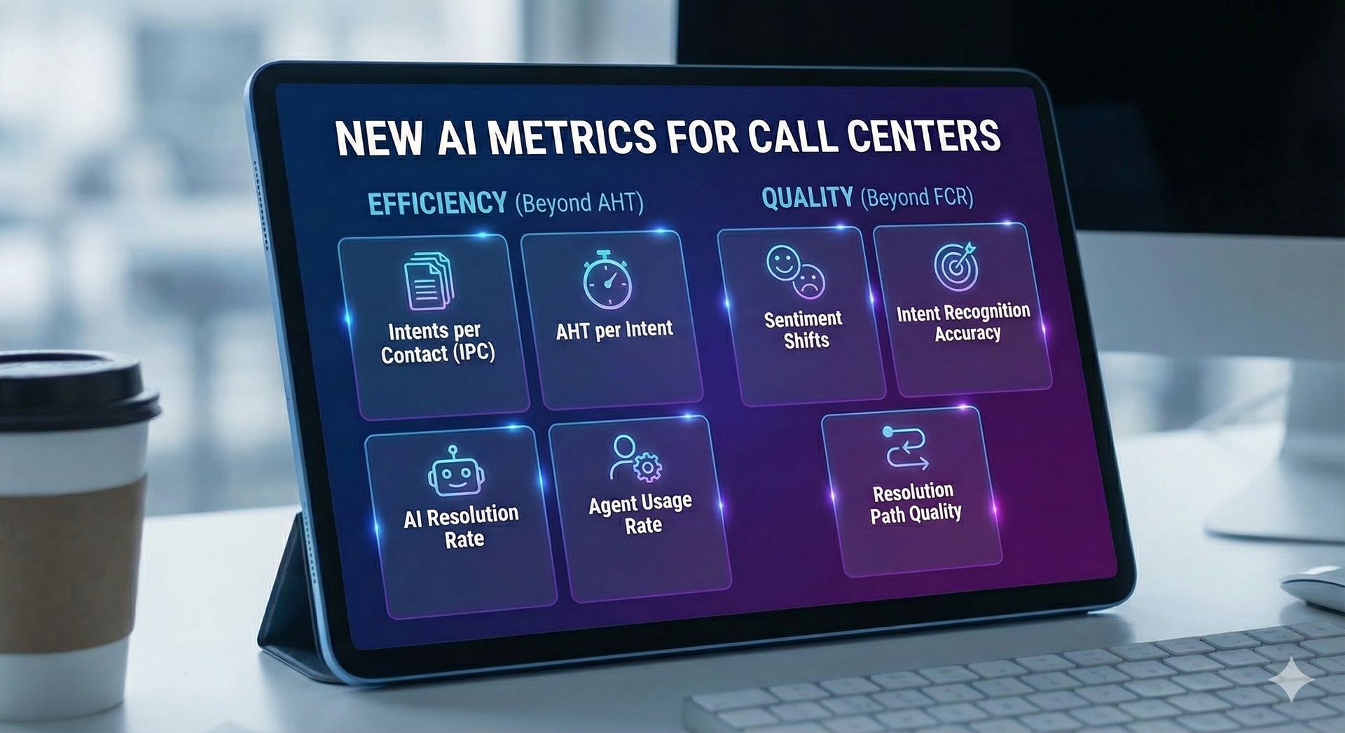 Masadaki tablet ekranında "New AI Metrics for Call Centers" başlığı altında verimlilik (AHT ötesi) ve kalite (FCR ötesi) metriklerini gösteren yedi kutucuk; yanında bir karton kahve bardağı ve klavye.