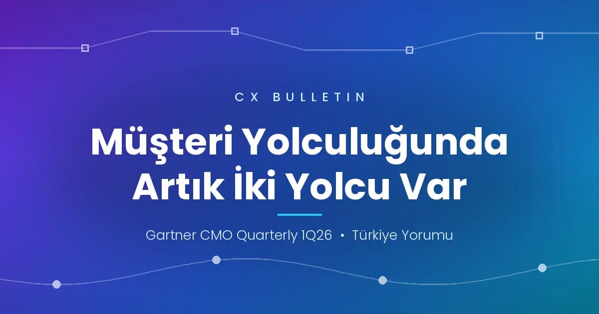 Mor-mavi-camgöbeği geçişli zeminde iki müşteri yolculuğu hattı: üstte köşeli yapay zekâ rotası, altta dalgalı insan rotası; başlık "Müşteri Yolculuğunda Artık İki Yolcu Var"