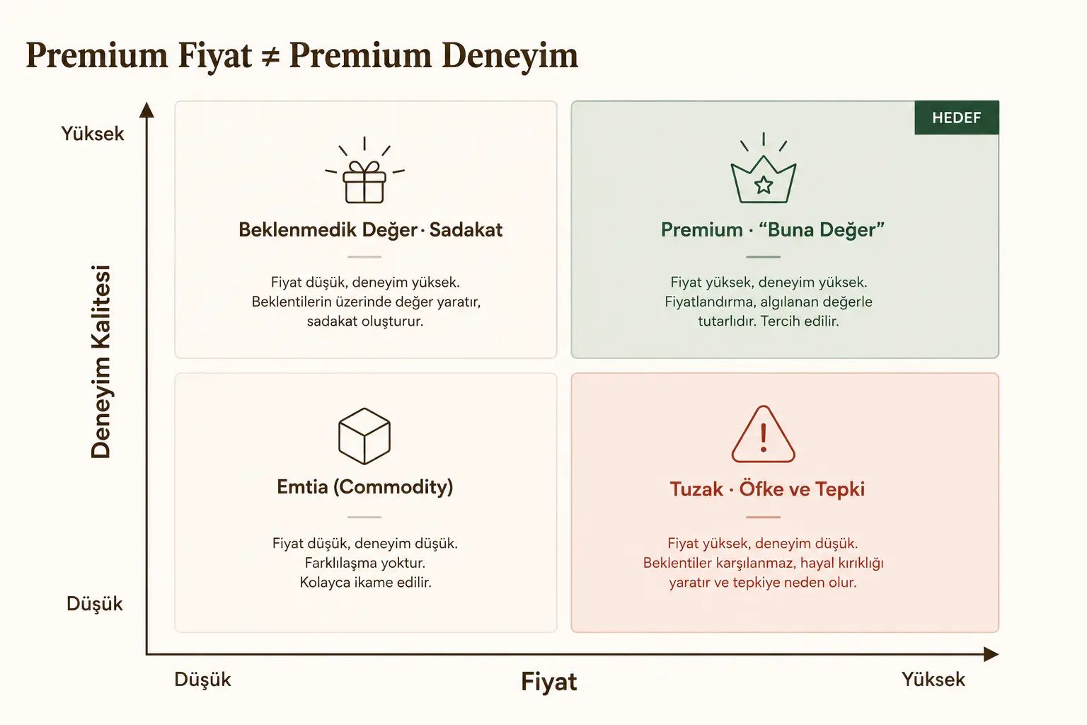 İki eksenli bir matris. Dikey eksen deneyim kalitesi (düşükten yükseğe), yatay eksen fiyat (düşükten yükseğe). Dört bölge: yüksek deneyim–düşük fiyat “Beklenmedik Değer / Sadakat”, yüksek deneyim–yüksek fiyat “Premium: ‘Buna Değer’”, düşük deneyim–düşük fiyat “Emtia”, düşük deneyim–yüksek fiyat “Tuzak: Öfke ve Tepki”.