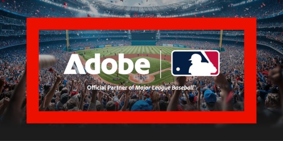 Taraftarlarla dolu bir beyzbol stadyumu önünde, kırmızı çerçeve içinde Adobe ve MLB logoları ile "Official Partner of Major League Baseball" yazısı.