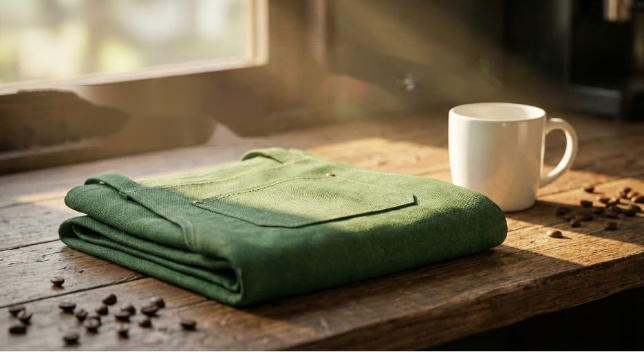 Güneş ışığı vuran ahşap bir tezgâhta katlanmış yeşil bir barista önlüğü, yanında beyaz bir kahve fincanı ve dağınık kahve çekirdekleri; arka planda pencereden süzülen ışık.