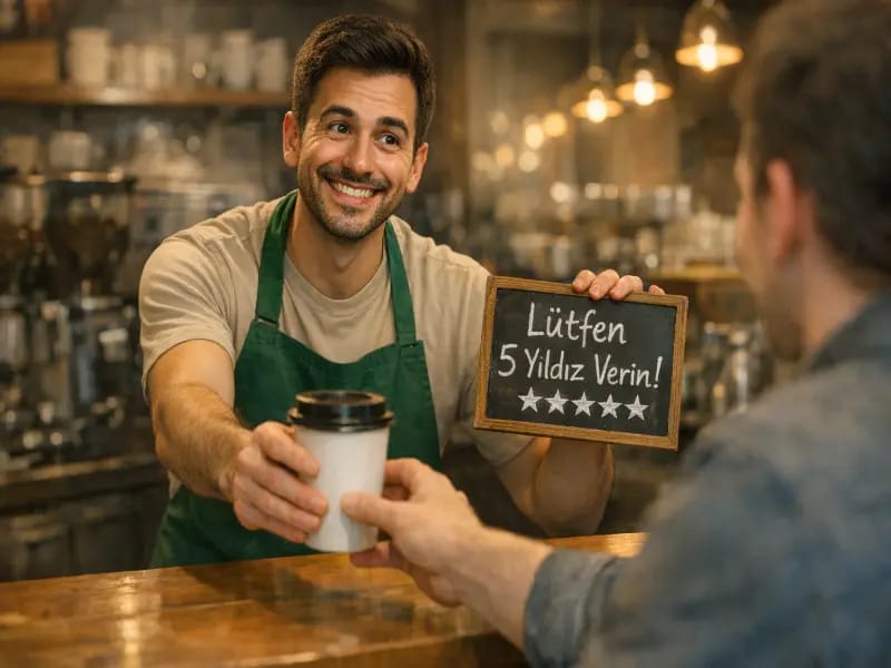 Yeşil önlüklü, gülümseyen bir barista müşteriye kahve uzatırken elinde "Lütfen 5 Yıldız Verin!" yazılı, beş yıldız çizili küçük bir kara tahta tutuyor.