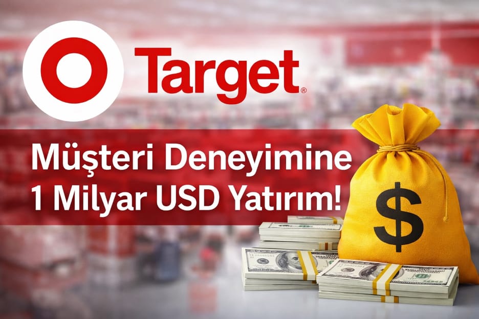 Kırmızı tonlu bulanık mağaza arka planında Target logosu, "Müşteri Deneyimine 1 Milyar USD Yatırım!" yazısı ve dolar işaretli sarı para kesesiyle deste deste dolar banknotları.