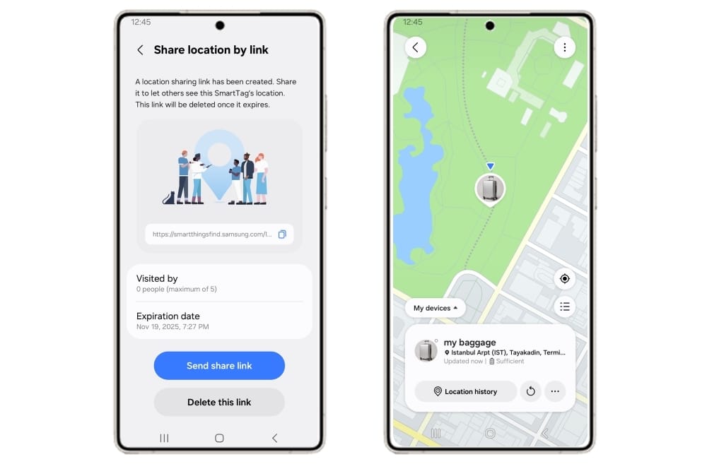 SmartThings Find uygulamasından iki telefon ekranı: solda bir SmartTag’in konumunu bağlantıyla paylaşma ekranı, sağda “my baggage” adlı bavulun İstanbul Havalimanı çevresindeki harita konumu.