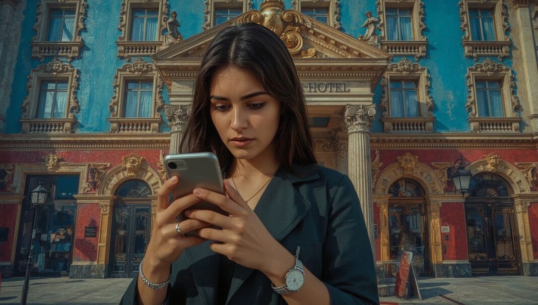Süslü cepheli, mavi ve kırmızı boyalı tarihi bir otel binasının önünde akıllı telefonuna bakan genç bir kadın.