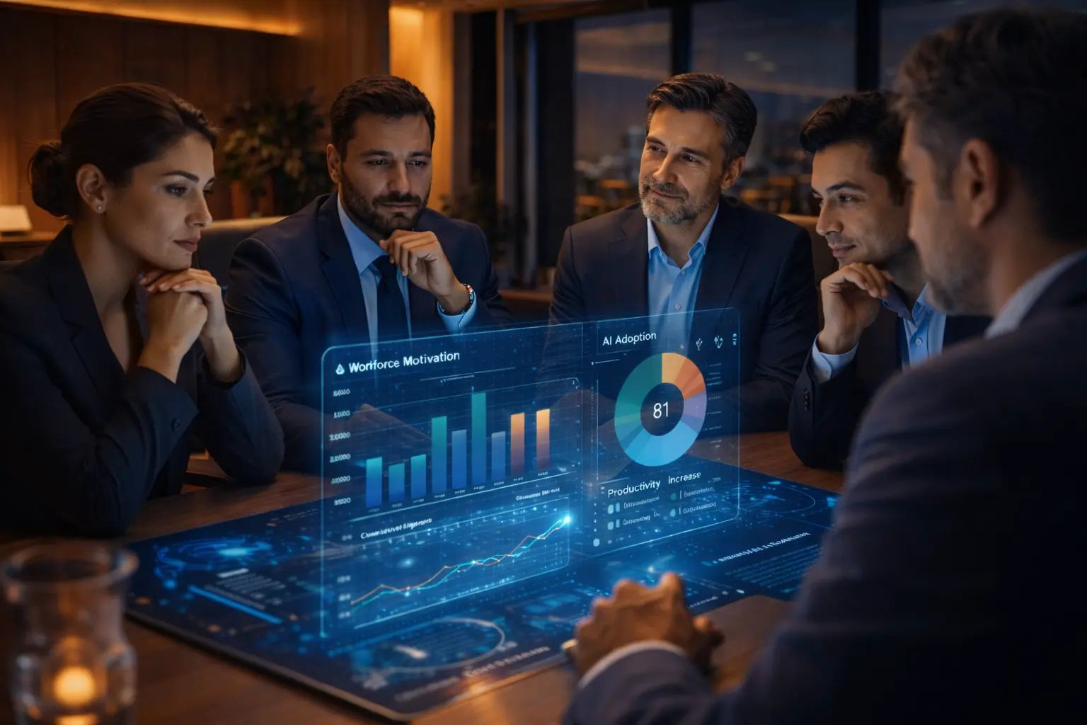 Loş bir toplantı odasında beş profesyonelin, masanın üzerinde süzülen "Workforce Motivation" ve "AI Adoption" başlıklı holografik grafik panellerini dikkatle izlediği sahne