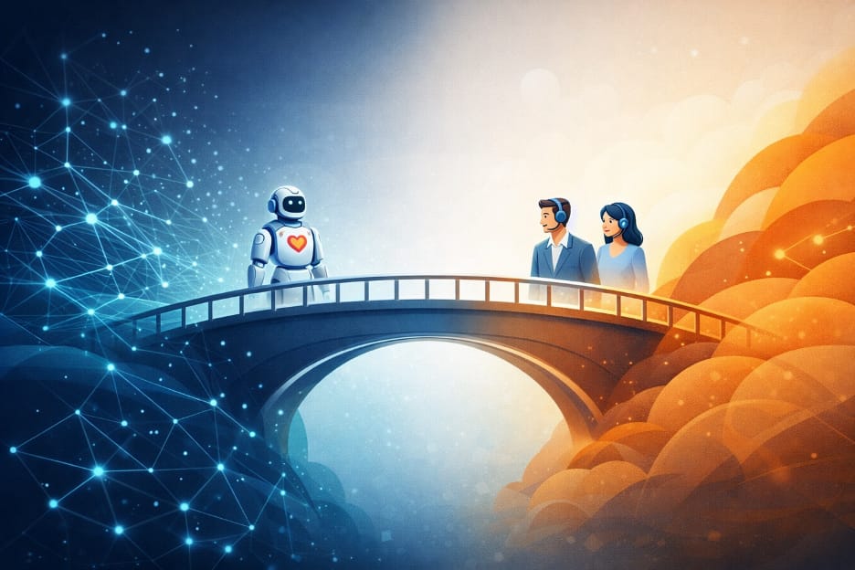 Mavi ağ çizgileriyle dolu dijital taraftan turuncu bulutlu tarafa uzanan bir köprünün üzerinde göğsünde kalp olan bir robot ile kulaklıklı iki müşteri temsilcisinin karşılaştığı illüstrasyon