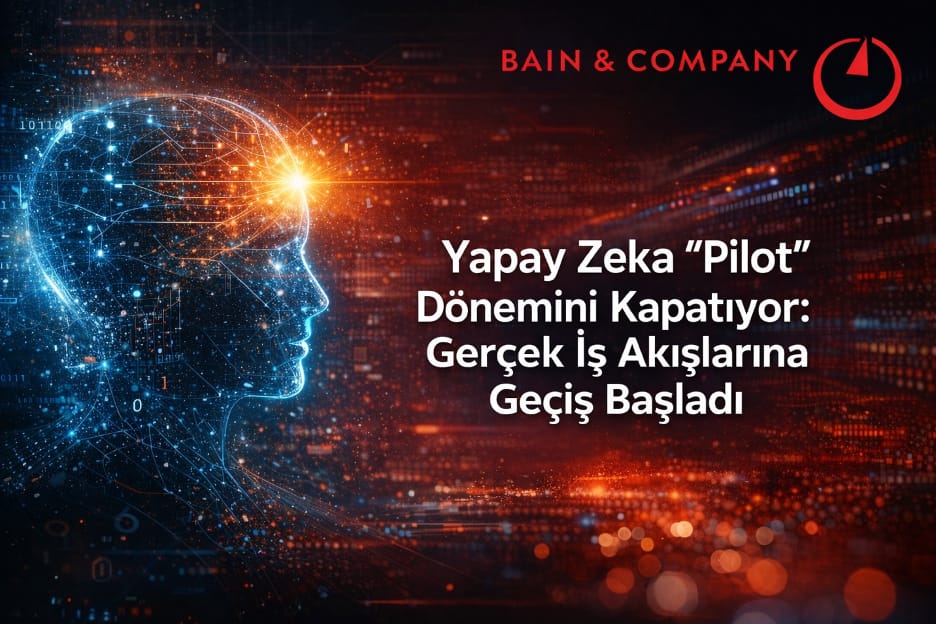 Koyu zemin üzerinde mavi ışık noktalarından oluşan dijital bir insan başı profili, sağ üstte Bain & Company logosu ve "Yapay Zeka 'Pilot' Dönemini Kapatıyor: Gerçek İş Akışlarına Geçiş Başladı" başlığı.