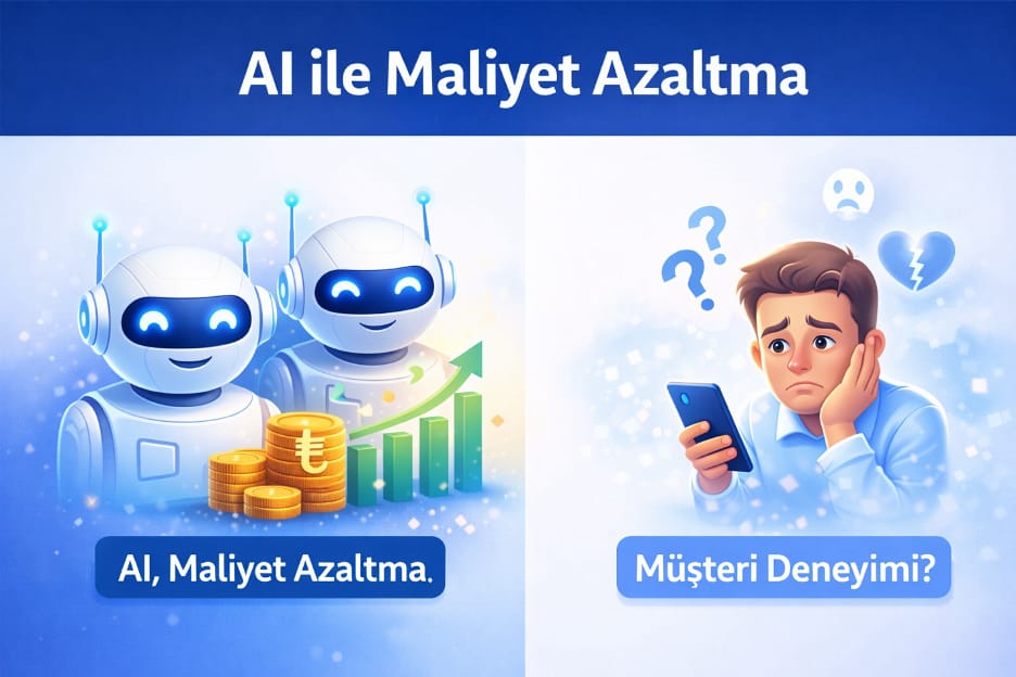 "AI ile Maliyet Azaltma" başlıklı iki bölmeli illüstrasyon: solda gülümseyen robotlar, lira simgeli altın paralar ve yükselen grafik; sağda telefonuna bakan, soru işaretleri ve kırık kalple çevrili üzgün bir müşteri ve "Müşteri Deneyimi?" yazısı