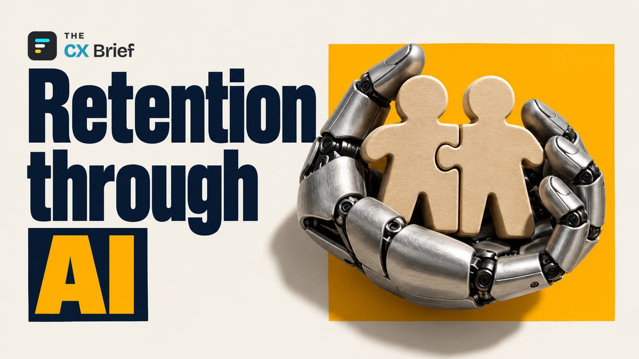Retention through AI — Metrigy 2025 Report Analysis: How Leaders Stand Out With AI and Proactive Communication. A robotic hand grips two human-shaped pieces just as they are about to slip out of place, holding them together.