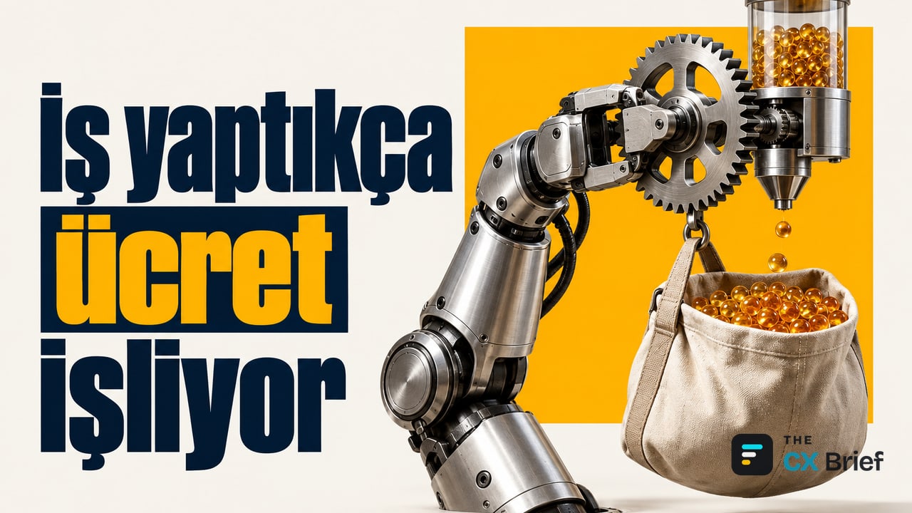 İş yaptıkça ücret işliyor — Microsoft, Copilot Cowork'te 30 hazır müşteri ilişkileri yönetimi yeteneğini genel kullanıma açtı. Robot kolunun çevirdiği her diş, kolun bileğine bağlı keseye bir boncuk daha düşürüyor.