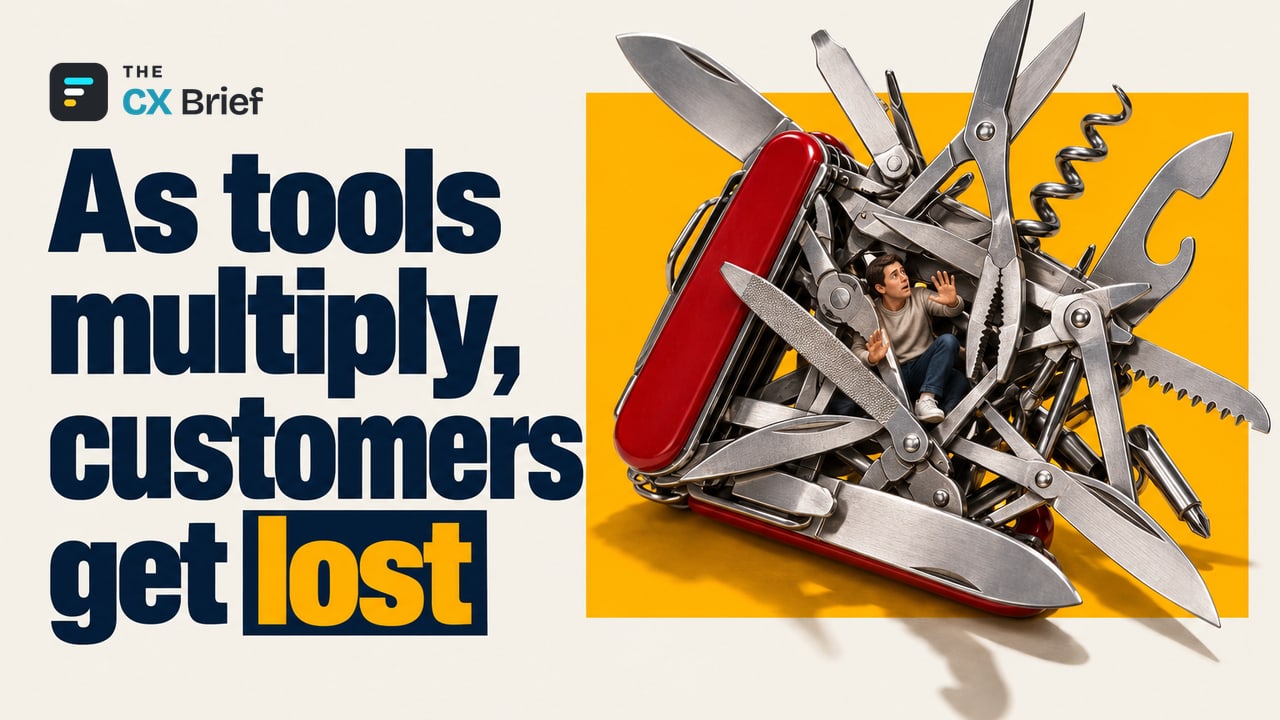 As tools multiply, customers get lost — More Tools, Worse Experience: How Is Technology Fatigue Hurting CX at SMBs? A pocketknife with its tools unfolded and tangled together squeezes a small human figure at its center.
