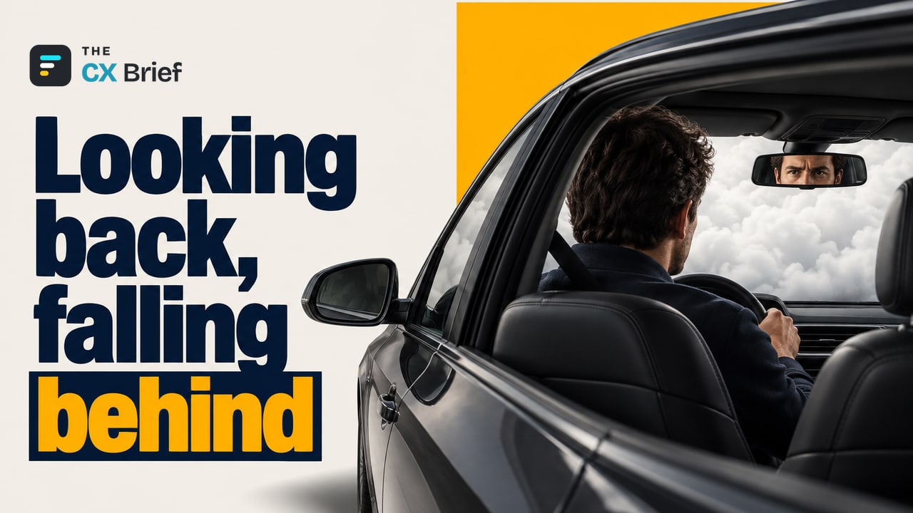 Looking back, falling behind — Most customer experience teams report what already happened instead of monitoring customer health. A driver stares into the rearview mirror while the road ahead disappears into fog beyond the windshield.