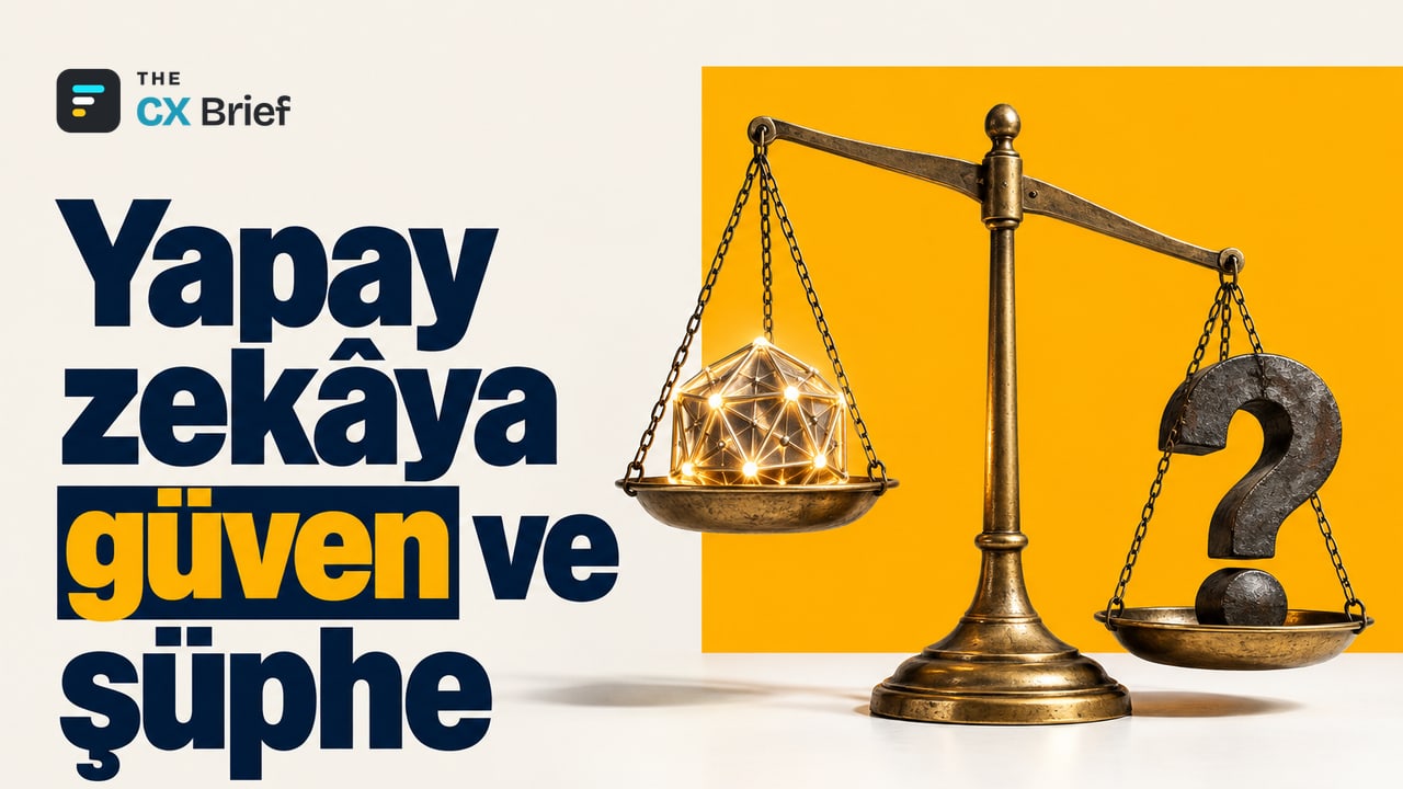 Yapay zekâya güven ve şüphe — Müşteri deneyimi liderleri 2027'de çalışmasını gösteren yapay zekâ danışmanlarına güvenecek. Bir terazi: bir kefede parlayan yapay zekâ simgesi, diğerinde şüpheyi simgeleyen boşluk.