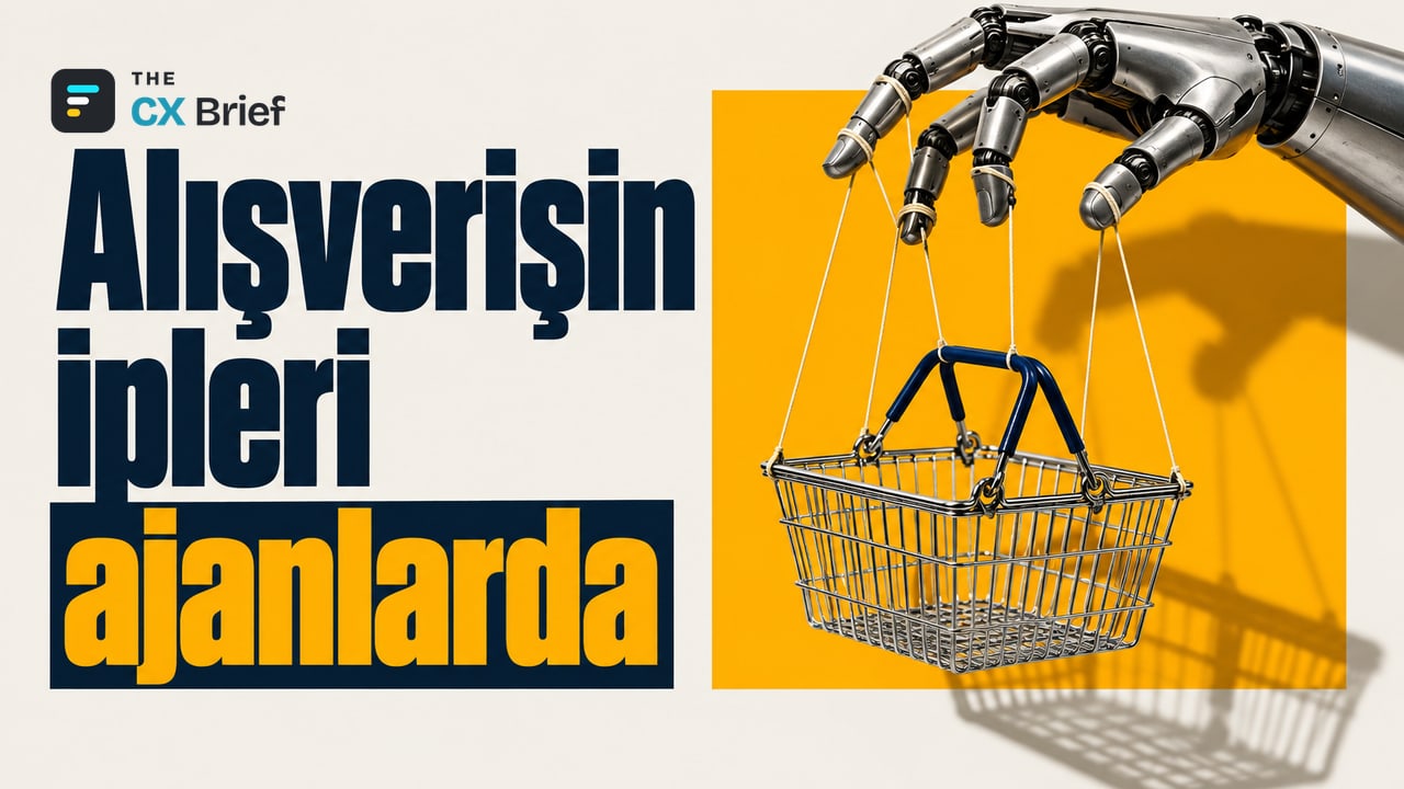 Alışverişin ipleri ajanlarda — Müşterilerin yapay zekâ ajanları devreye girince tercih ve ödeme markaların kontrolünden çıkıyor. Bir alışveriş sepeti, robot elinin yönettiği kukla ipleriyle taşınıyor.